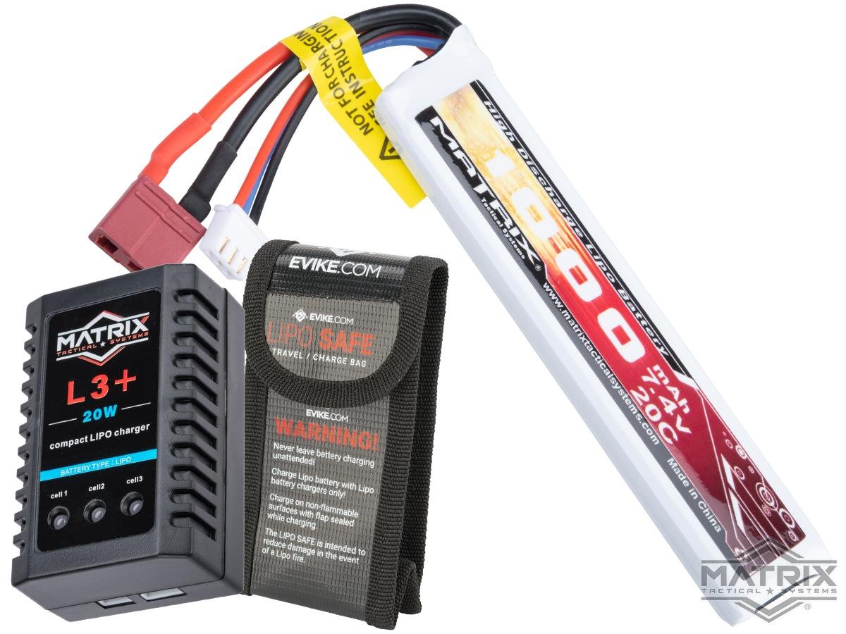 Matrix High Performance 7.4V Airsoft LiPo Battery Starter Pack w/ BMS Smart Charger (Model: Stick Type / 1000mAh / 20C / For Deans / T-Plug Connector) image 0