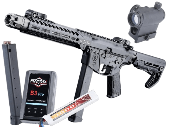 EMG Strike Industries x PWS Licensed 9mm Pistol Caliber Carbine AEG w/ GATE Aster MOSFET (Model: 10" CQB Rail / M4 Stock / 400 FPS / Go Airsoft Package)