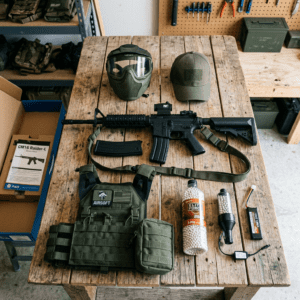 Airsoft rifle with tactical vest, mask, cap, BB pellets, and accessories on wooden table