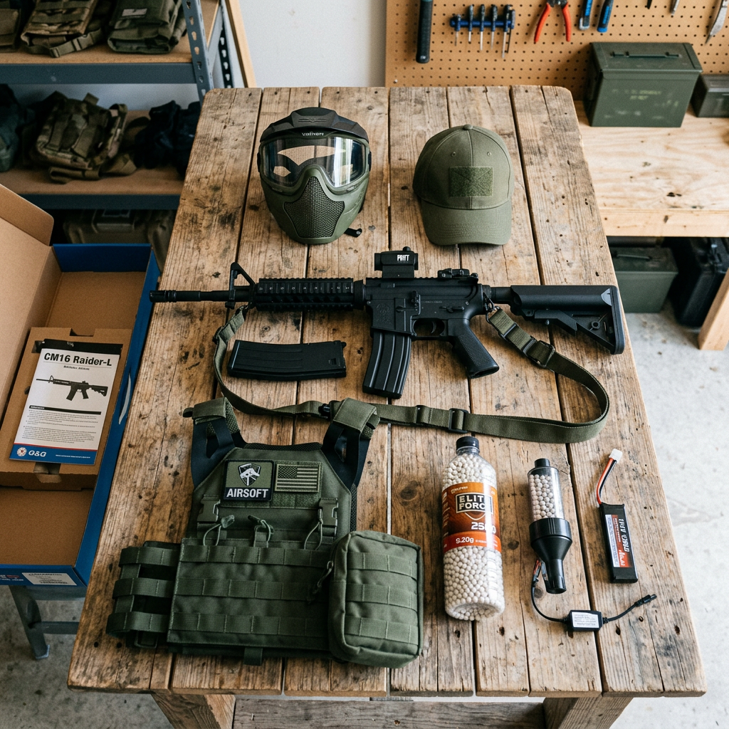 Airsoft rifle with tactical vest, mask, cap, BB pellets, and accessories on wooden table
